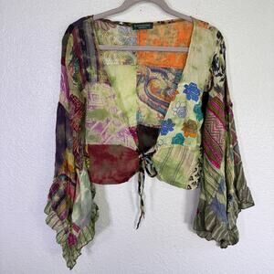Kathmandu Kimono Top Womens Patchwork Tie Front Crop Cardigan Boho Fairy Hippie